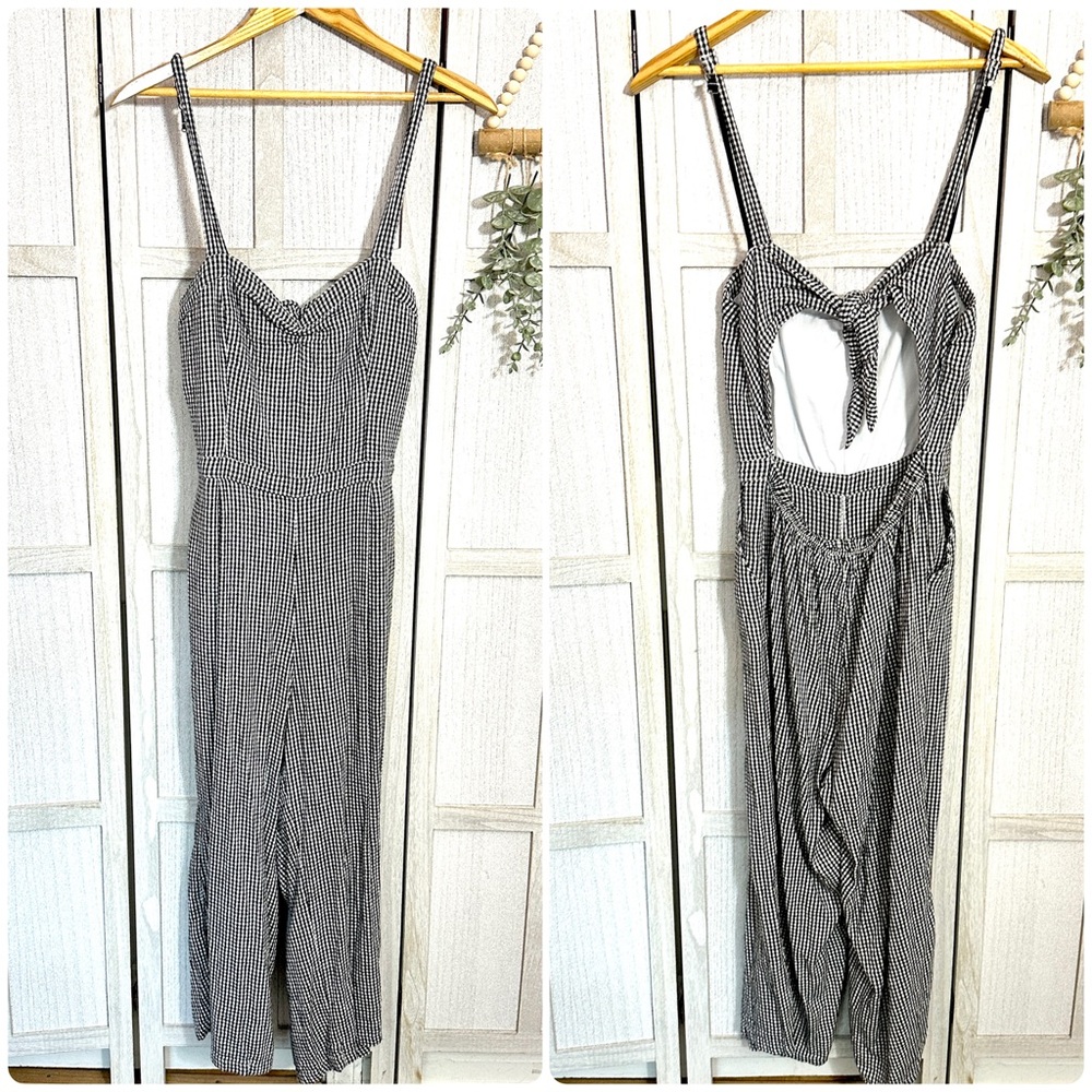 Hollister Black White Gingham Crop Jumpsuit Tie Back Wide Leg Linen Blend Large
